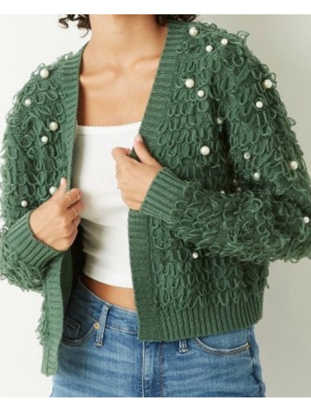 Mighty Fine Green Holiday Loop & Pearl Cardigan Sweater Size 2XL